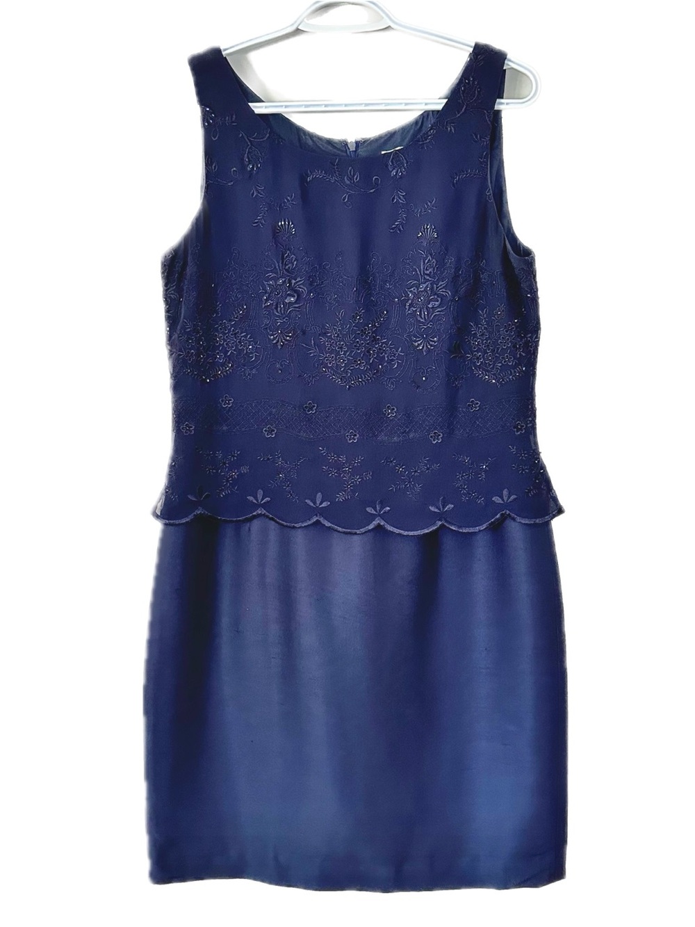 Vintage 90s Y2K Adrianna Papell 100% Silk Embroidered Beaded Peplum Navy Dress 8